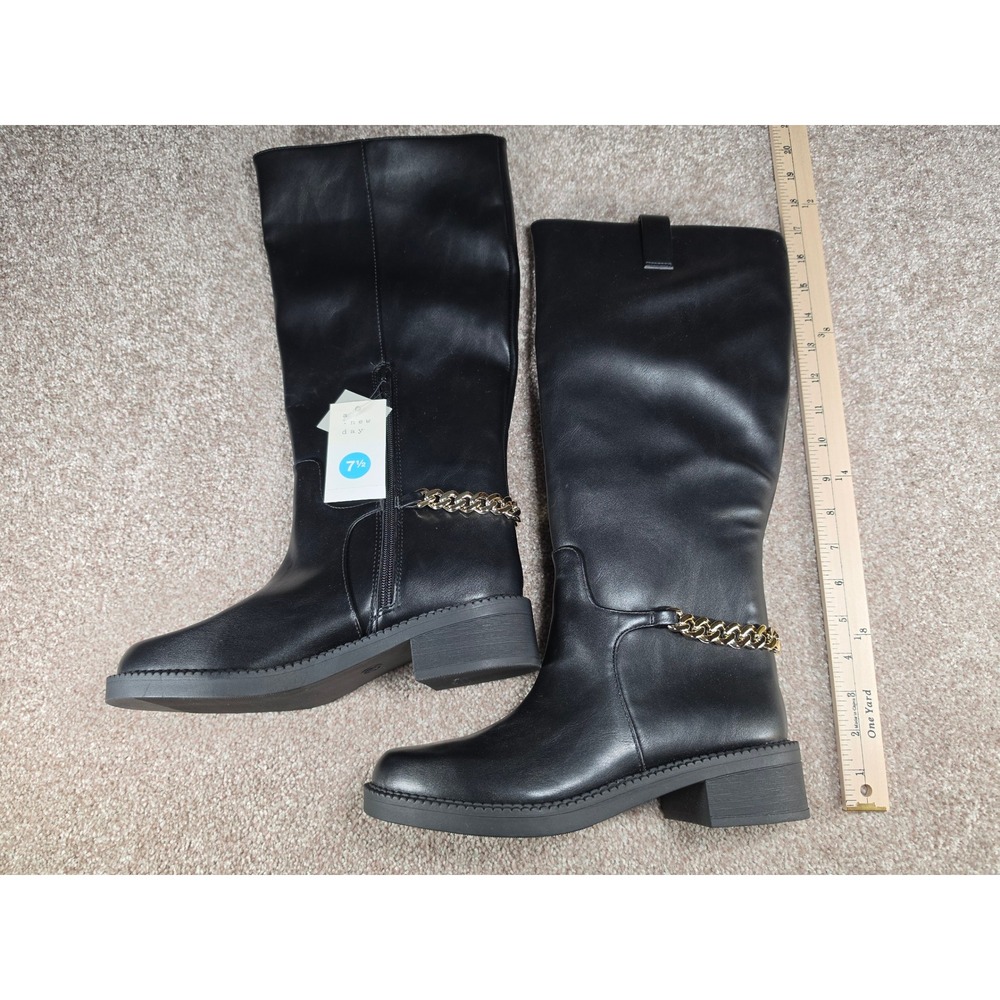 A New Day Bobbi Black Tall Boots Gold Chain Accent Block Heel 7.5 NEW